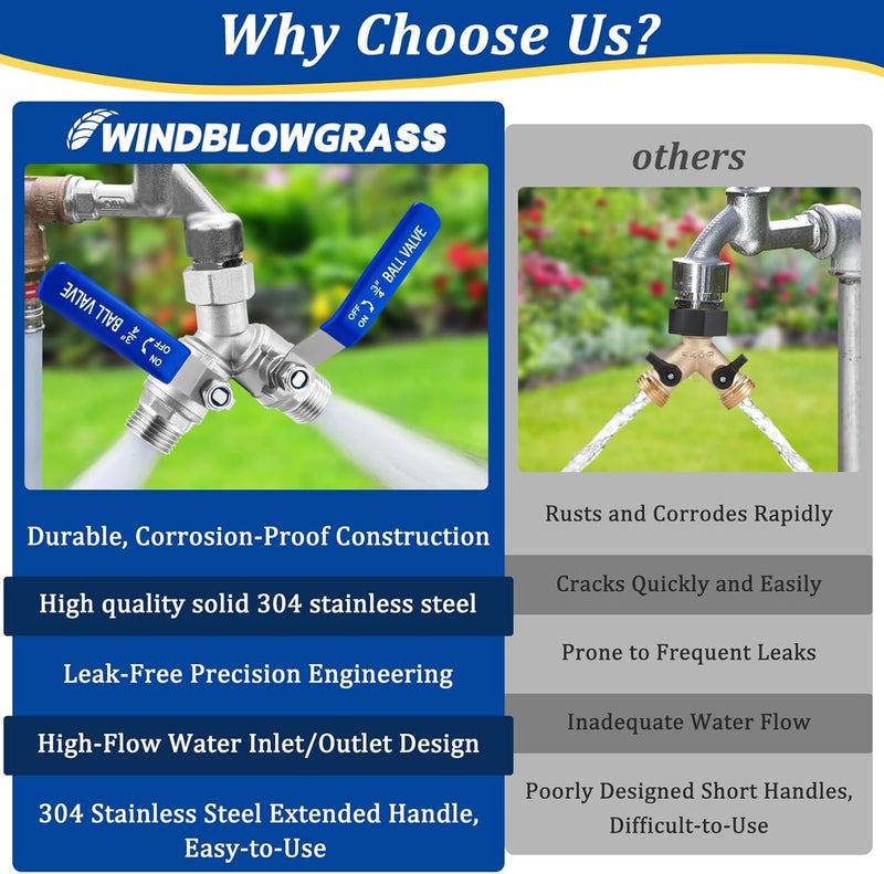 windblowgrass 304 Stainless Steel Garden Hose Splitter 2 Way Heavy Duty, Full Flow Water Hose Splitter with Long Handle, Lead-free, 3/4" GHT Thread, with 2 Washers, 1 Tape & Wrench - Image 3